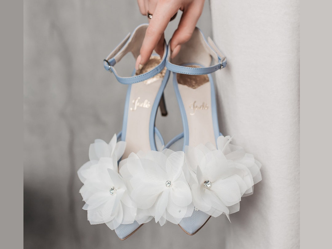 Blue Wedding Shoes With Organza Flowers, Pointy Mid Heels and Ankle