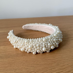 Wide Pearl Bridal Headband, Assorted Pearls Headpiece, Wedding Halo Crown Hairpiece, Handmade Headband for Bride