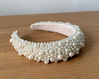 Wide Pearl Bridal Headband, Assorted Pearls Headpiece, Wedding Halo Crown Hairpiece, Handmade Headband for Bride