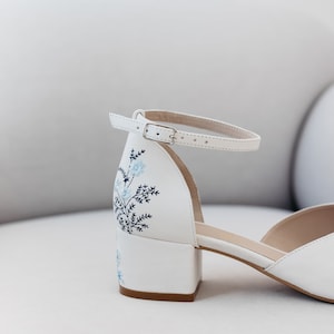 White Bridal Sandals with Handmade Embroidery, Wedding Shoes with V-Cut Vamp, Almond Toe and Ankle Strap, Bridal Shoes Low Block Heel