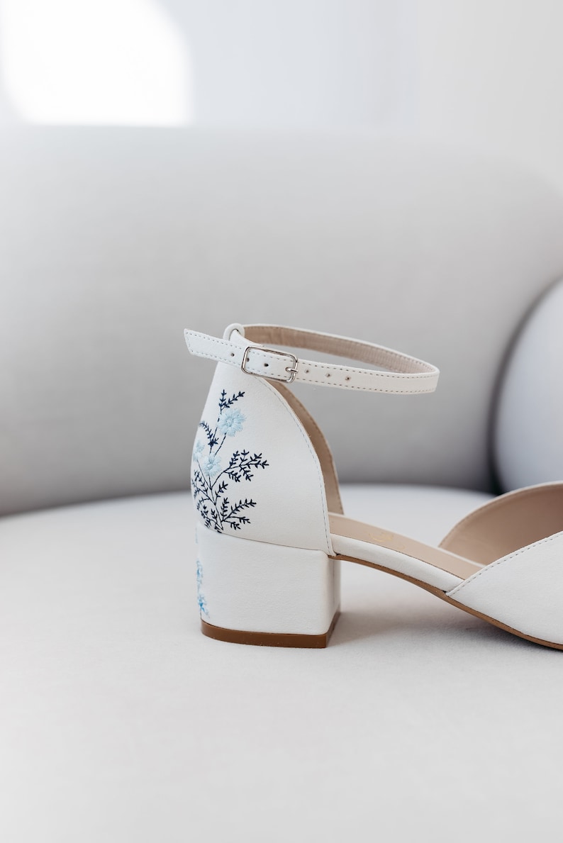 White Bridal Sandals with Handmade Embroidery, Wedding Shoes with V-Cut Vamp, Almond Toe and Ankle Strap, Bridal Shoes Low Block Heel