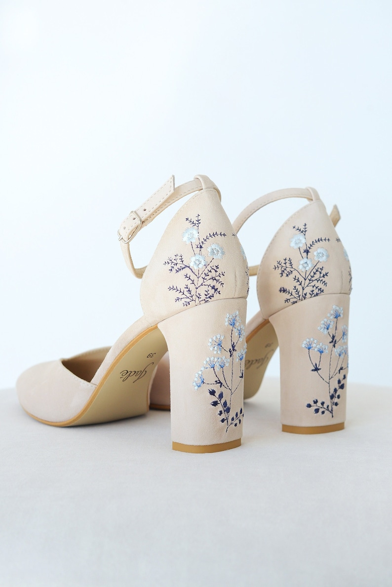 Ivory Bridal Sandals with Handmade Embroidery, Wedding Shoes with V-Notched Vamp, Almond Toe and Ankle Strap, Bridal Shoes with Block Heel