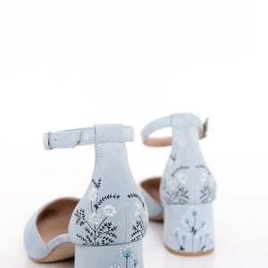 Something Blue Bridal Sandals with Handmade Embroidery, Wedding Shoes with Pointy Toe and Ankle Strap, Bridal Shoes Low Block Heel image 8