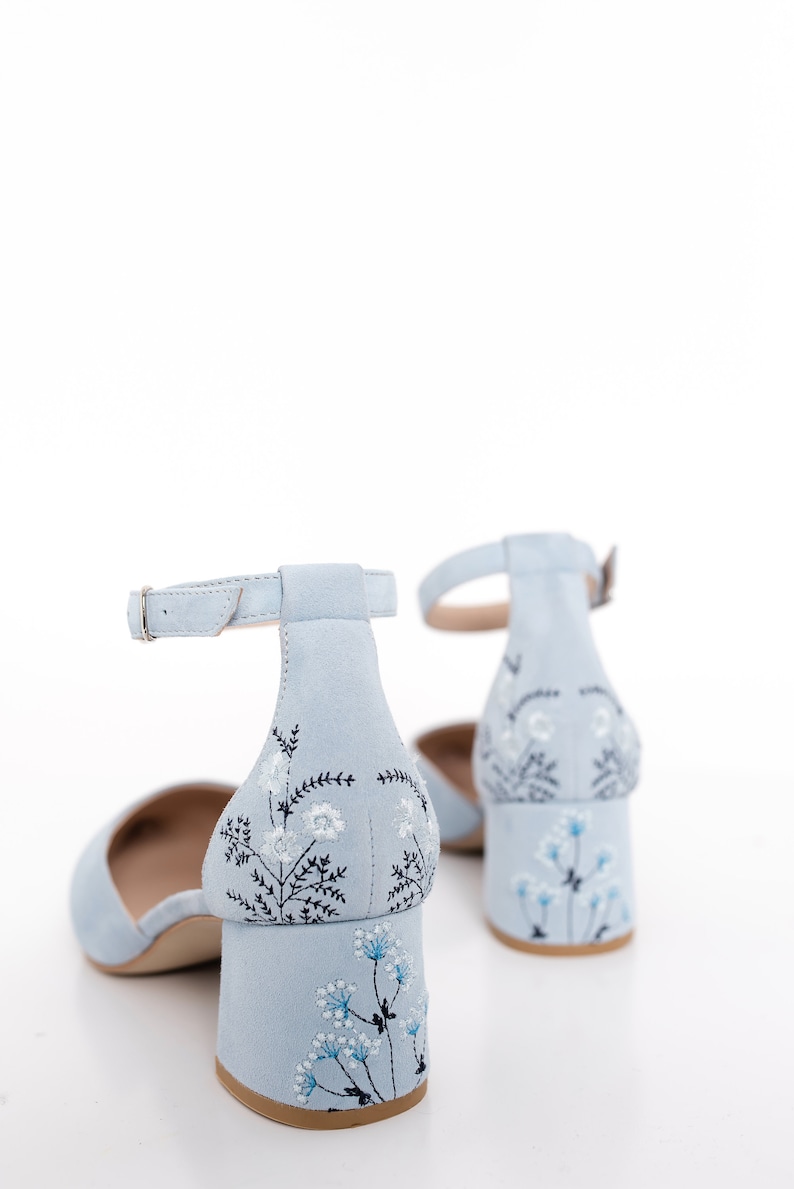 Something Blue Bridal Sandals with Handmade Embroidery, Wedding Shoes with Pointy Toe and Ankle Strap, Bridal Shoes Low Block Heel image 8