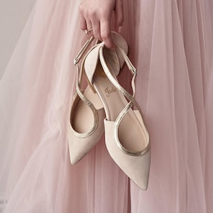 Pinky White Wedding Flats with Pointy Toe, Wedding Flat Shoes with Golden Straps, Blush Bridal Flats from Pink Suede on Low Heel