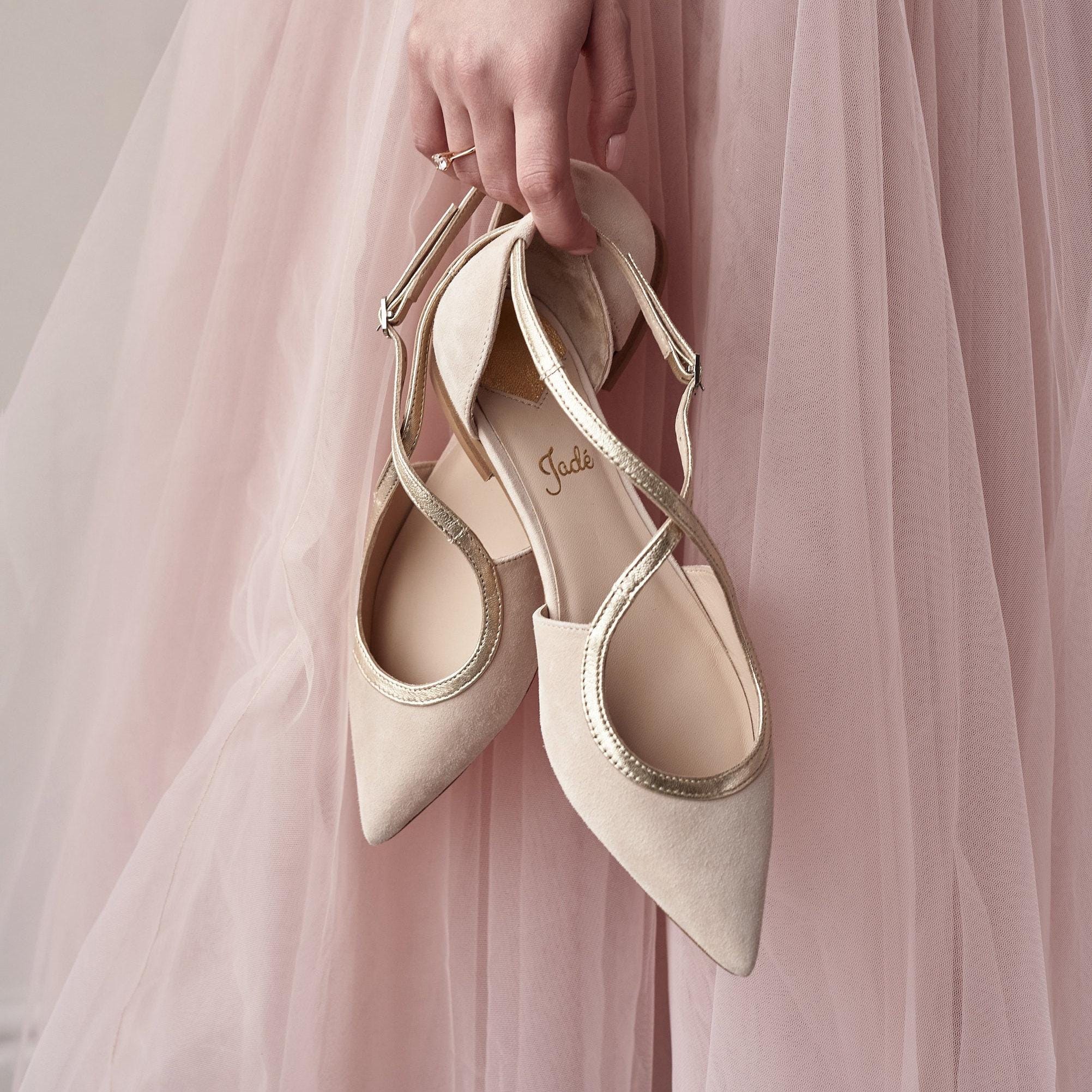 Pinky White Wedding Flats With Pointy Toe, Wedding Flat Shoes With Golden  Straps, Blush Bridal Flats From Pink Suede on Low Heel - Etsy, image size:2003x2003