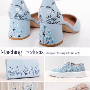 Sandalias de novia Something Blue con bordados hechos a mano, zapatos de boda con punta afilada y tira en el tobillo, zapatos de novia con tacón bajo de bloque. imagen 3