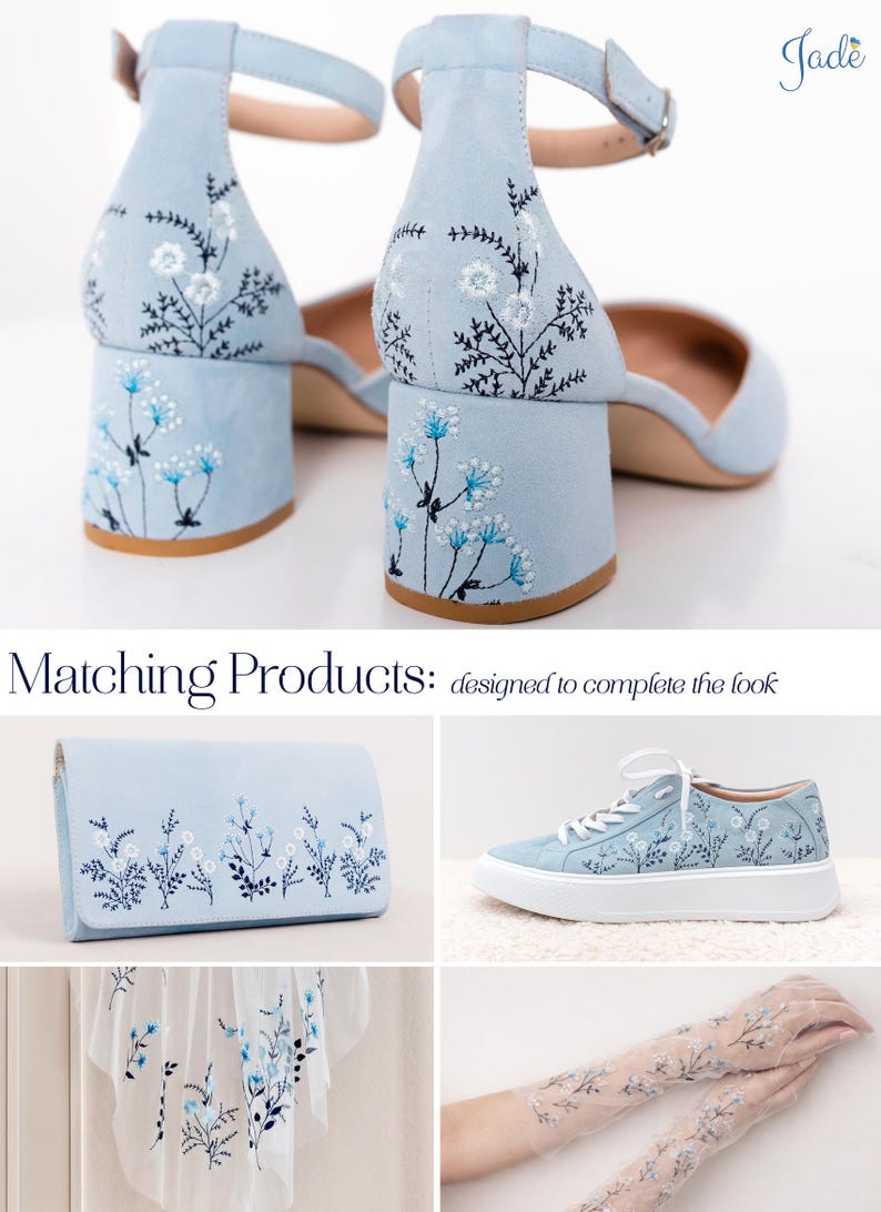 Sandalias de novia Something Blue con bordados hechos a mano, zapatos de boda con punta afilada y tira en el tobillo, zapatos de novia con tacón bajo de bloque. imagen 3