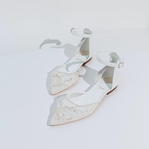 White Wedding Flats with Floral Embroidery and Closed Pointy Toe, Wedding Flat Shoes with Ankle Strap, White Leather Embroidered Flats