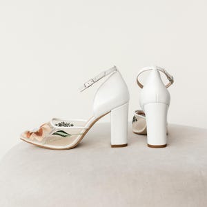 White Wedding Sandals with Mid Block Heels, Ankle Strap and Handmade Flower Embroidery, Bridal Shoes from Natural Leather and Soft Mesh