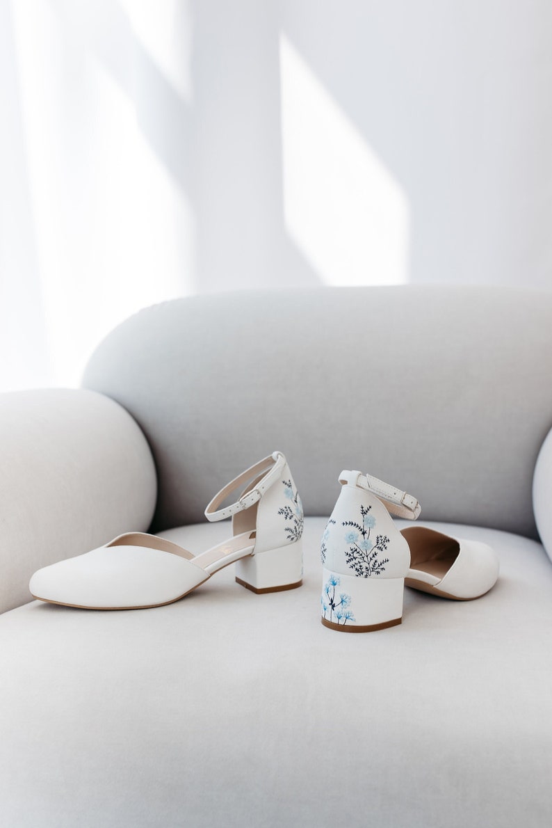 White Bridal Sandals with Handmade Embroidery, Wedding Shoes with V-Cut Vamp, Almond Toe and Ankle Strap, Bridal Shoes Low Block Heel