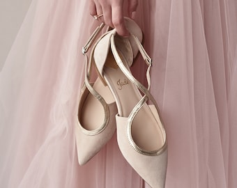 Pinky White Wedding Flats with Pointy Toe, Wedding Flat Shoes with Golden Straps, Blush Bridal Flats from Pink Suede on Low Heel