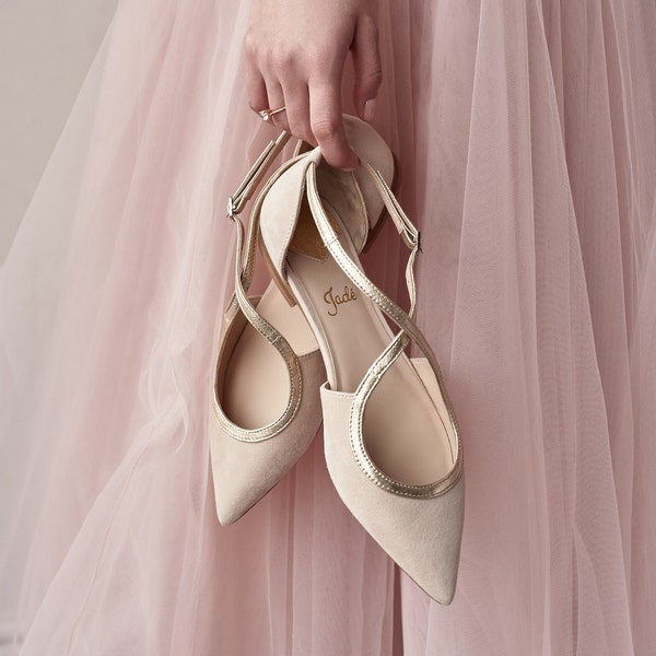 Pinky White Wedding Flats with Pointy Toe, Wedding Flat Shoes with Golden Straps, Blush Bridal Flats from Pink Suede on Low Heel