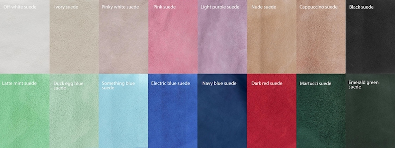 May include: A grid of sixteen suede fabric swatches in various colors, each labeled with text including off-white, ivory, pinky white, pink, light purple, nude, cappuccino, black, latte mint, duck egg blue, something blue, electric blue, navy, dark red, martucci, and emerald green.