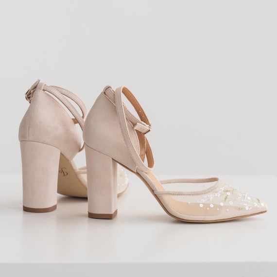 Ivory Wedding Sandals with Mid Block Heel and Ankle Strap, Bridal Shoes with Handmade Floral Embroidery and Pointy Toe from Natural Suede