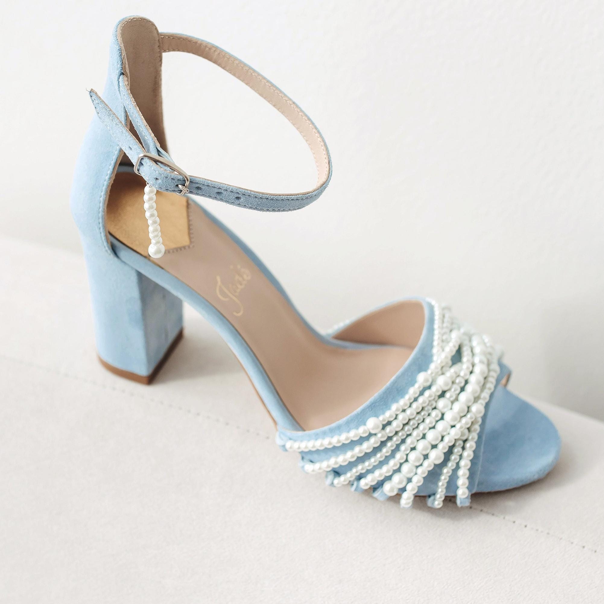 Blue Wedding Sandals With Pearls and High Block Heels, Peep Toe Bridal Blue Wedding Sandals With Pearls and High Block Heels, Peep Toe Bridal