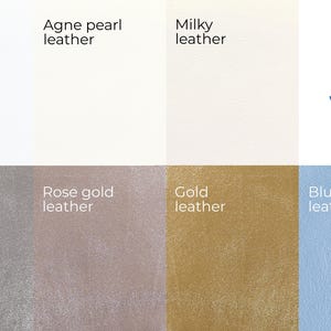 May include: A color chart displaying seven leather swatches labeled White leather, Agne pearl leather, Milky leather, Silver leather, Rose gold leather, Gold leather, and Blue leather. The logo Jade is visible in the top right corner of the image.