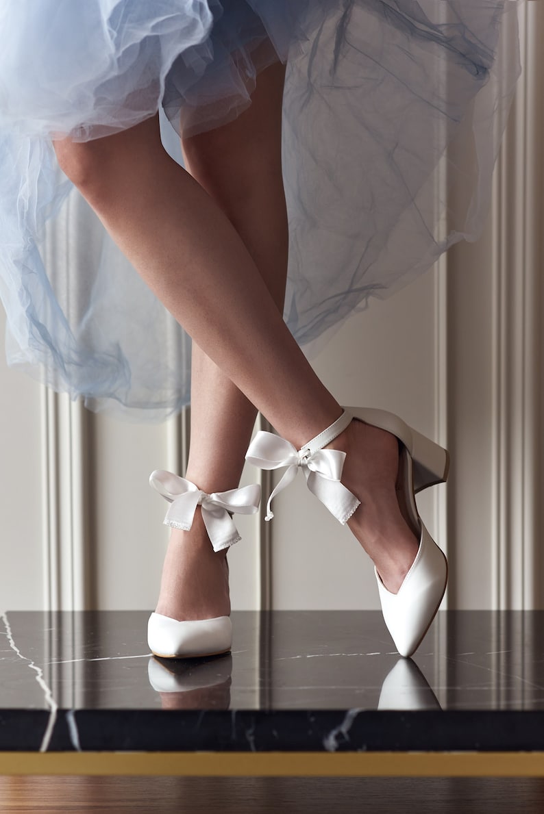 White Wedding Shoes with Low Block Heel and Bow Ankle Straps, Bridal Sandals with Pointed Closed Toe, Wedding Sandals with Satin Bows image 1