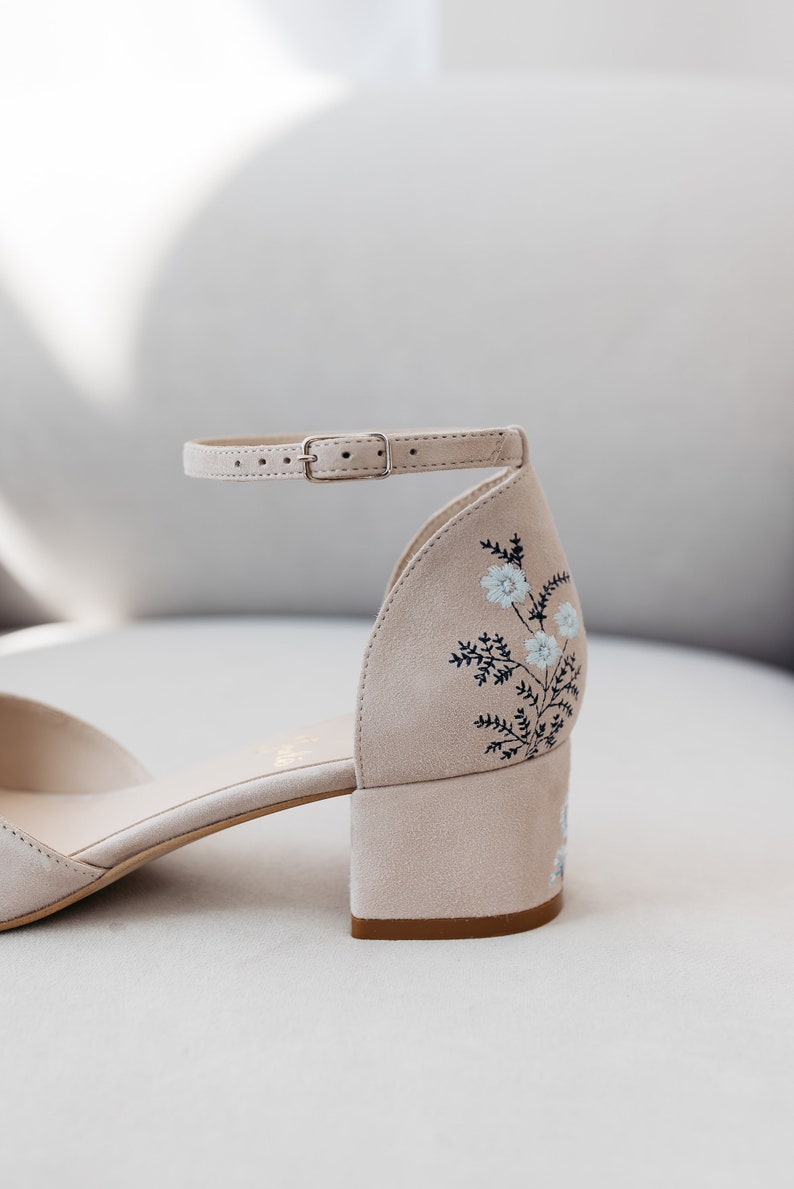 Pinky White Bridal Sandals with Handmade Embroidery, Wedding Shoes with V-Cut Vamp, Almond Toe and Ankle Strap, Bridal Shoes Low Block Heel