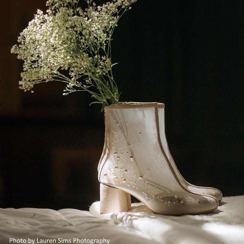 Ivory Wedding Boots with Block Heels and Pearl Embroidery on Tulle, Almond Toe Wedding Shoes Pearls Embellished, Bridal Booties Mid Heel