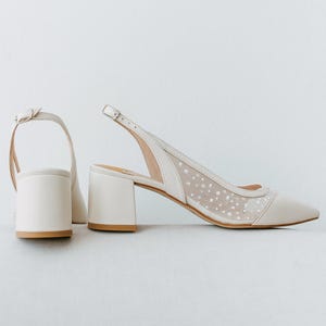 Ivory Slingback Wedding Pumps with Low Block Heel and Sequin and Beads Embroidery, Milky Genuine Leather Bridal Shoes with Closed Pointy Toe