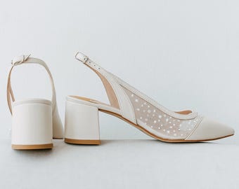 Ivory Slingback Wedding Pumps with Low Block Heel and Sequin and Beads Embroidery, Milky Genuine Leather Bridal Shoes with Closed Pointy Toe