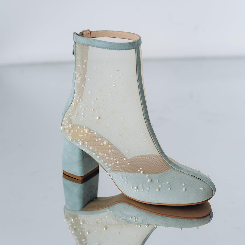 Ivory Wedding Boots with Block Heels and Pearl Embroidery on Tulle, Almond Toe Wedding Shoes Pearls Embellished, Bridal Booties Mid Heel