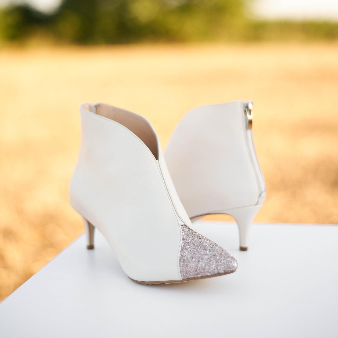Ivory Wedding Boots With Low Kitten Heels and Glitter Closed Toe
