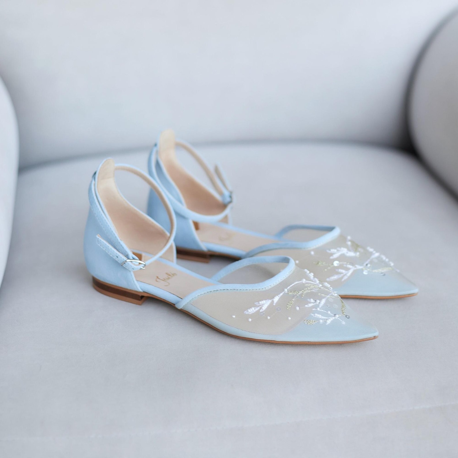 Blue Wedding Flats With Ankle Strap and Handmade Embroidery, Beaded Blue Wedding Flats With Ankle Strap and Handmade Embroidery, Beaded