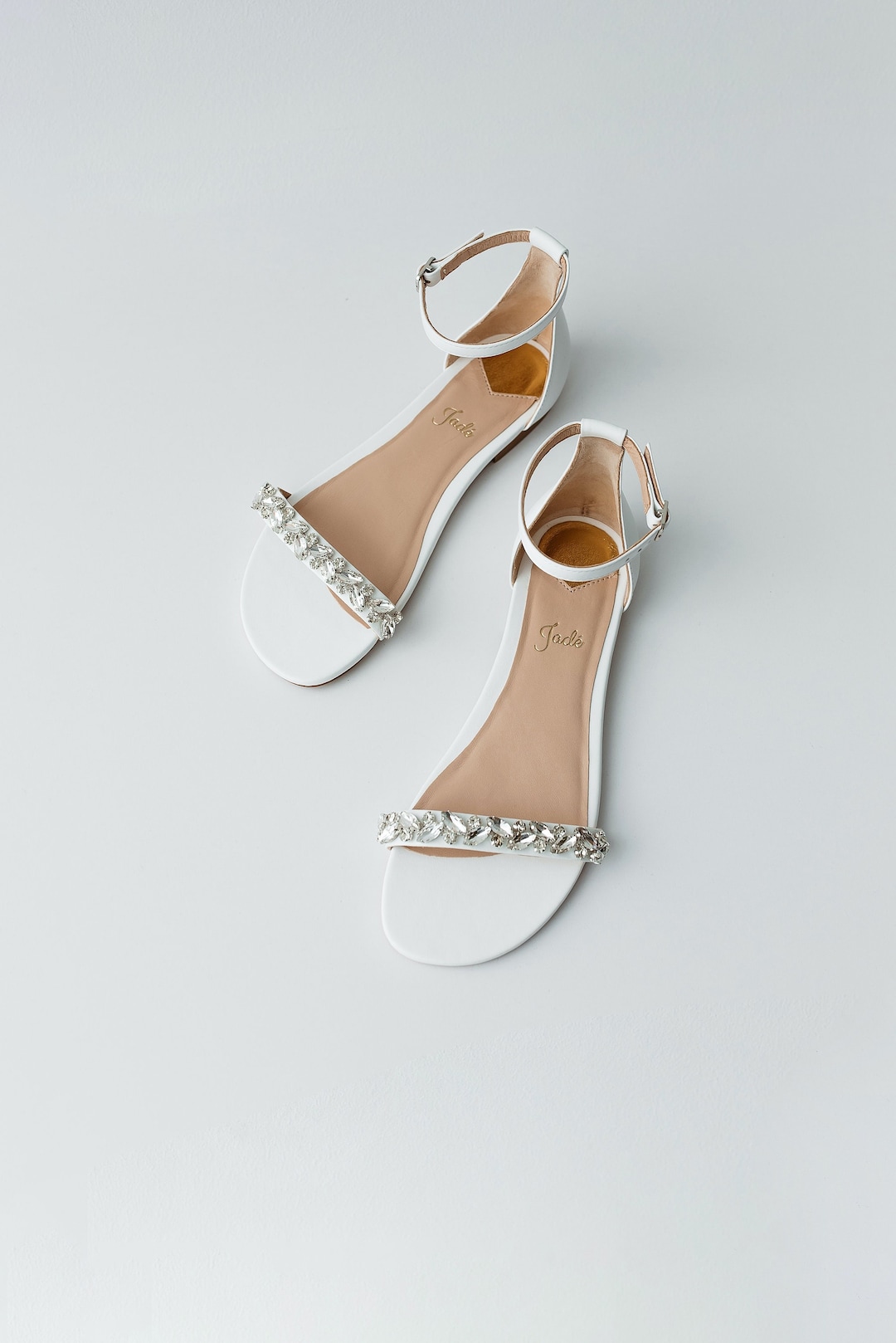 White Wedding Flats With Ankle Strap and Crystal Embroidery - Etsy