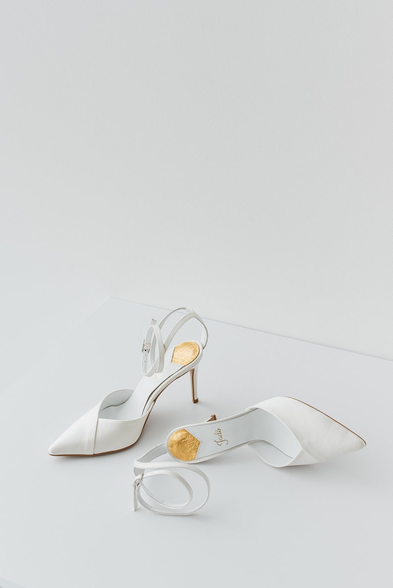 White Wedding Sandals with Pointy Toe, Bridal Shoes with High Heel and Ankle Strap, White or Beige Satin Bridesmaid Shoes on Pointy Heel image 3