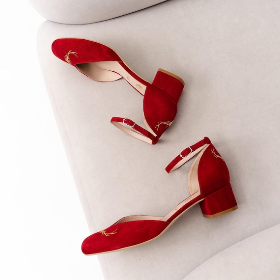 Red Trachten Bridal Sandals with Handmade Deer Embroidery, Suede Wedding Shoes with V-Cut Vamp, Almond Toe and Ankle Strap, Traditional Shoe