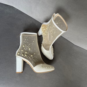 Couture Wedding Ankle Boots With Peals and Beads Embroidery, Genuine leather or suede Block Heel Wedding Shoes Beaded and Embellished