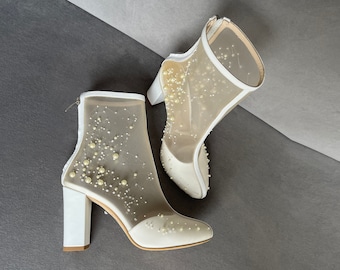 Couture Wedding Ankle Boots With Peals and Beads Embroidery, Genuine leather or suede Block Heel Wedding Shoes Beaded and Embellished