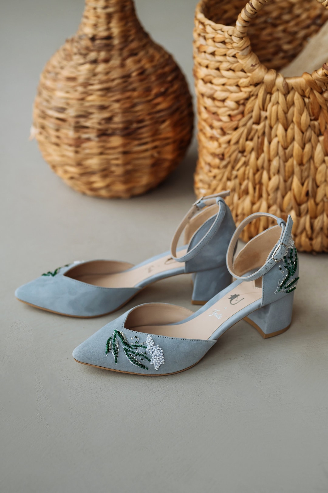 Blue Traditional Trachten Bridal Sandals With Handmade Embroidery and