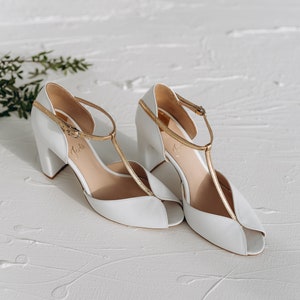 White Wedding Shoes with Golden T-Strap and High Block Heel, Retro Bridal Pumps with Open Peep Toe, Vintage Leather Shoes with Ankle Strap