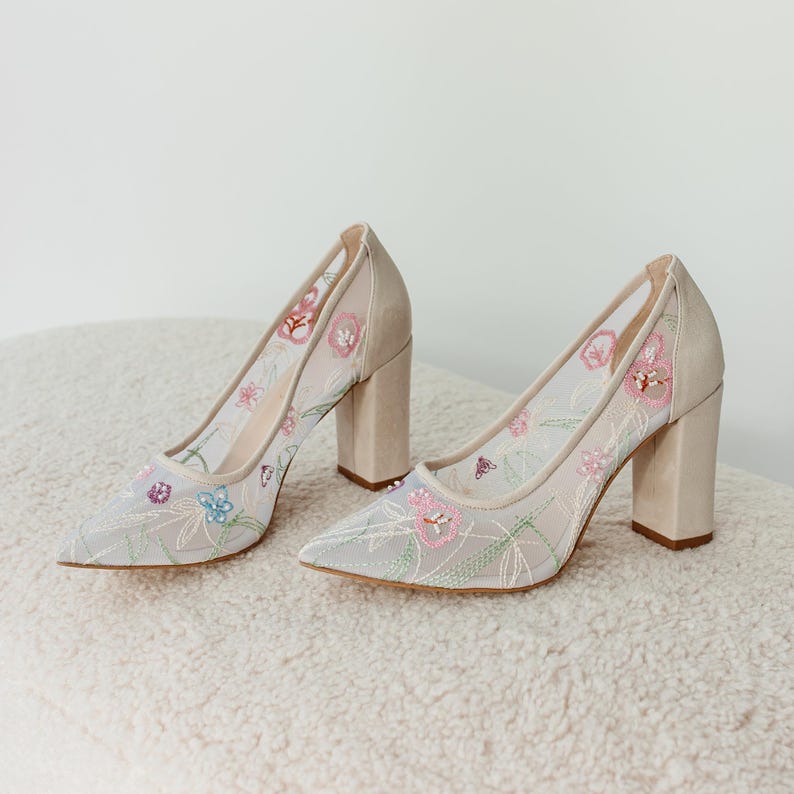 Ivory Wedding Shoes with Mid Block Heel and Colorful Floral Embroidery, Wedding Heels with Pointy Toe, Handmade Embroidered Bridal Shoes