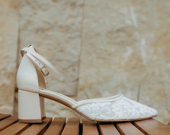 White Lace Wedding Sandals with Low Block Heels, Ankle Strap and Handmade Flower Lace Embroidery, Soft Leather Bridal Shoes