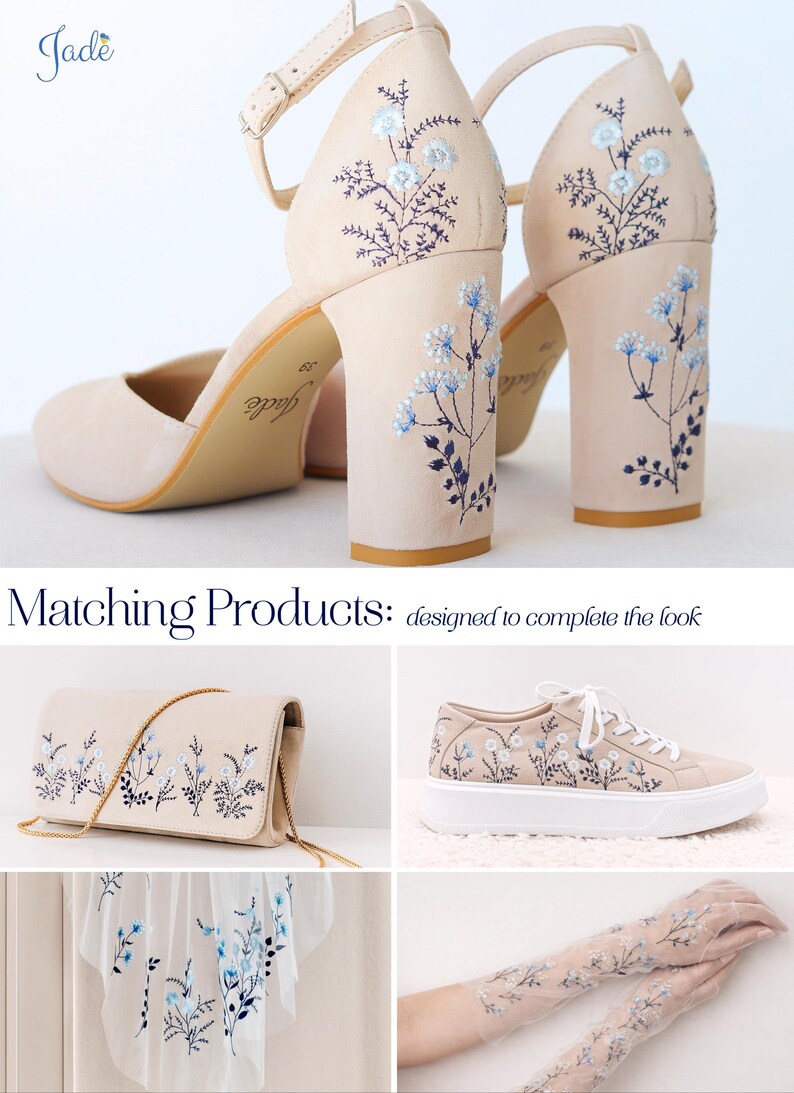 May include: Beige block-heel shoes with ankle straps and blue floral embroidery on the heels. Matching products include a beige clutch with a gold chain, beige trainers with white soles, a white veil, and sheer gloves, all featuring blue floral embroidery.