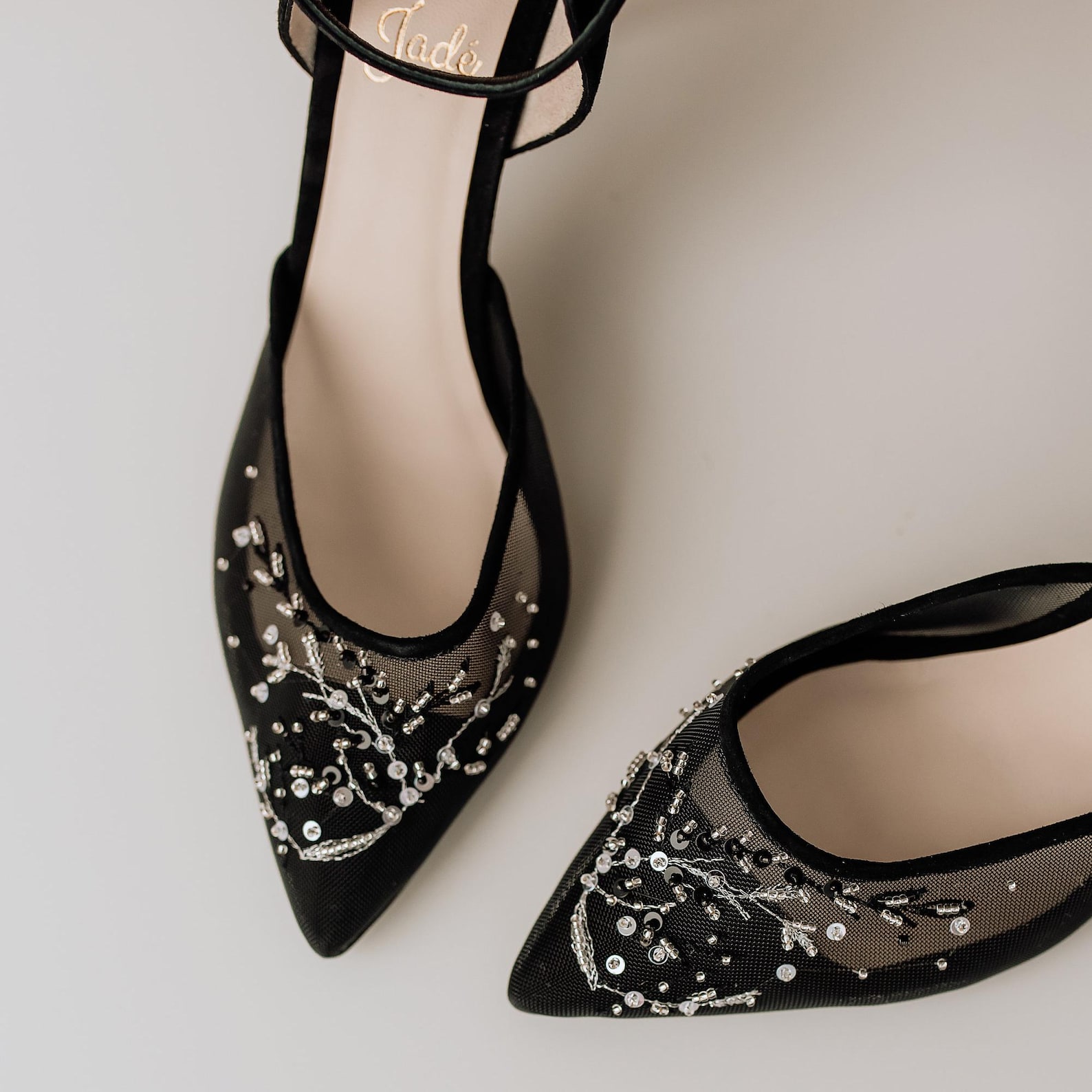 Black Wedding Sandals With Mid Pointy Heel and Handmade Embroidery Black Wedding Sandals With Mid Pointy Heel and Handmade Embroidery