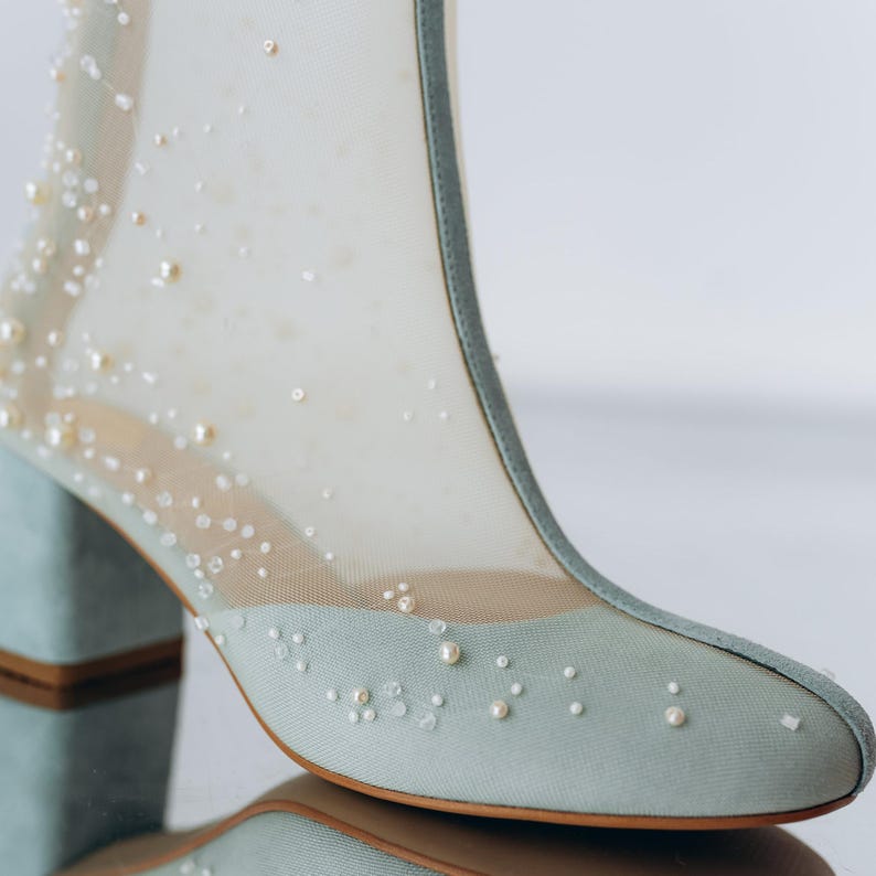 Ivory Wedding Boots with Block Heels and Pearl Embroidery on Tulle, Almond Toe Wedding Shoes Pearls Embellished, Bridal Booties Mid Heel
