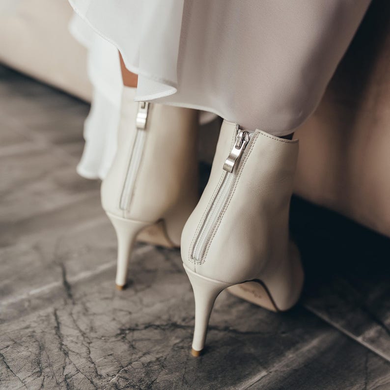 White Wedding Boots with Mid Pointy Heel, Handmade Leather Bridal Ankle Booties with Closed Toe, White Wedding Shoes for Brides image 5