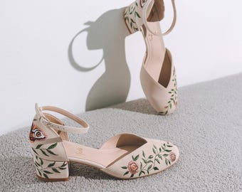 Ivory Bridal Sandals with Moth Embroidery, Handmade Floral Butterfly Wedding Shoes with V-Cut Vamp, Almond Toe, Ankle Strap, Low Block Heel
