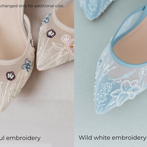 May include: Four pairs of pointed-toe heels featuring sheer mesh uppers with distinct embellishments: silver and golden embroidery, colorful floral embroidery, wild white embroidery, and crystal beadwork. Text reads: Please, pay attention that some types of embroidery can be changed only for additional cost. Contact me for more details. Types of embroidery: Silver / Golden embroidery, Colorful embroidery, Wild white embroidery, Crystal embroidery.