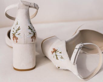 Ivory Bridal Sandals with Lily of the Valley Embroidery, Wide Fit Wedding Shoes with Ankle Strap, Barefoot Bridal Shoes Low Block Heel