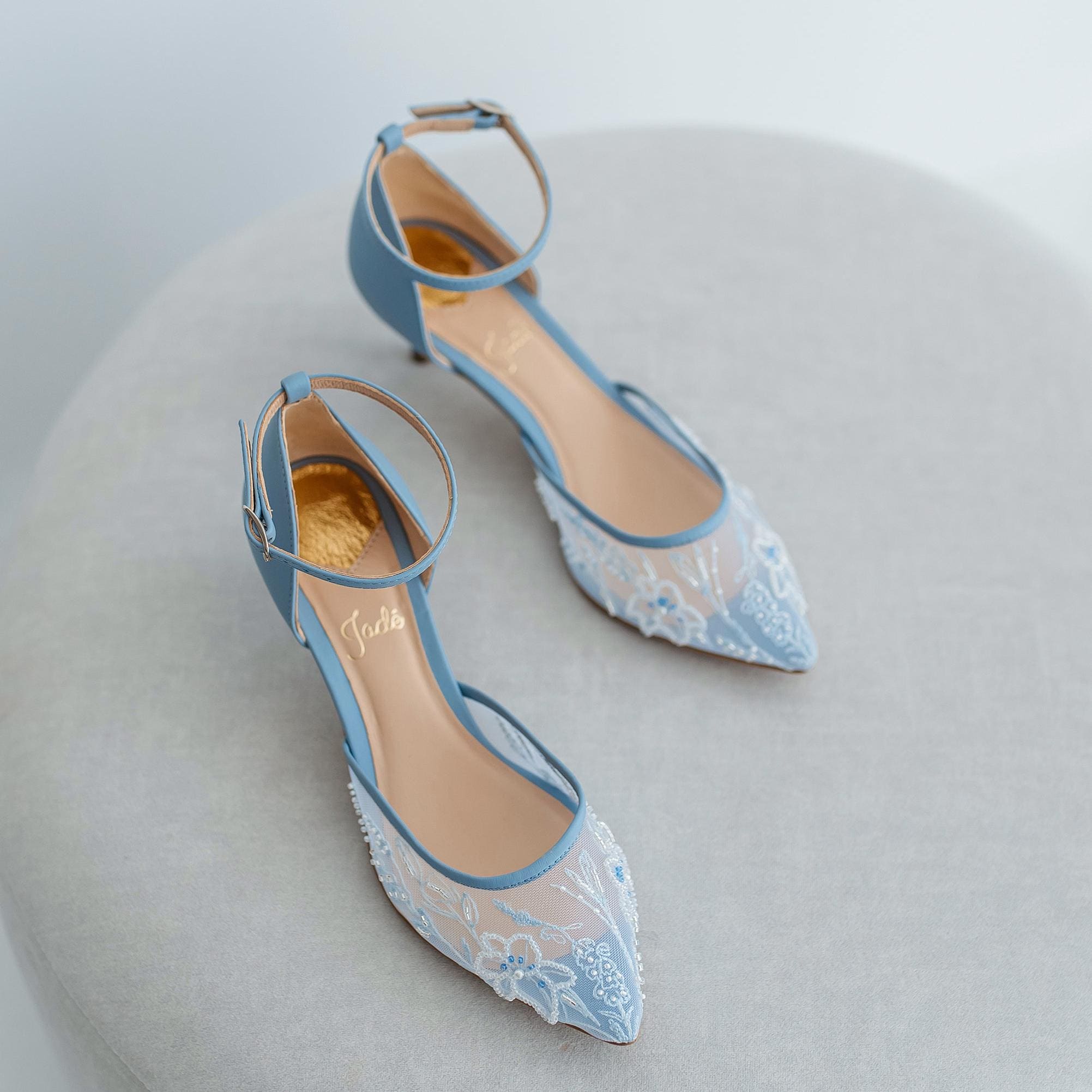 Blue Wedding Shoes with Kitten Heel and Pointy Toe, Bridal Sandals with Ankle Strap and Floral Embroidery, Wedding Sandals, Something Blue