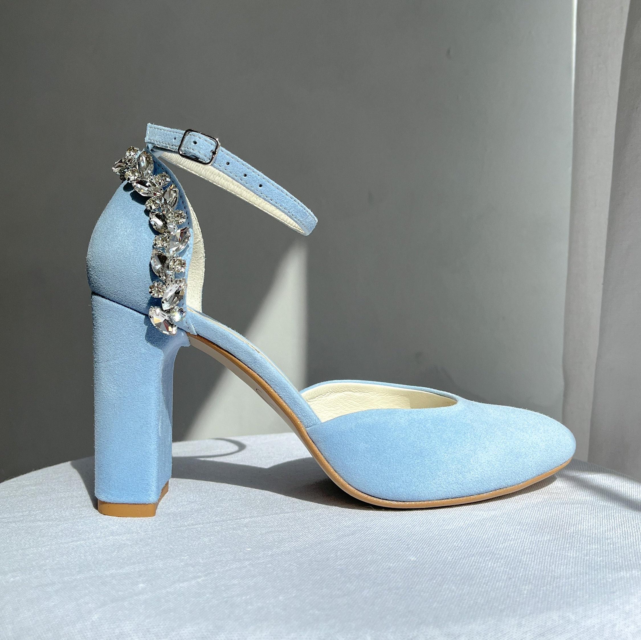 Blue Wedding Shoes with High Block Heels and Crystal Embroidery, Handmade Bridal Sandals with Almond Toe and Ankle Strap, Something Blue Blue Wedding Shoes with High Block Heels and Crystal Embroidery, Handmade Bridal Sandals with Almond Toe and Ankle Strap, Something Blue