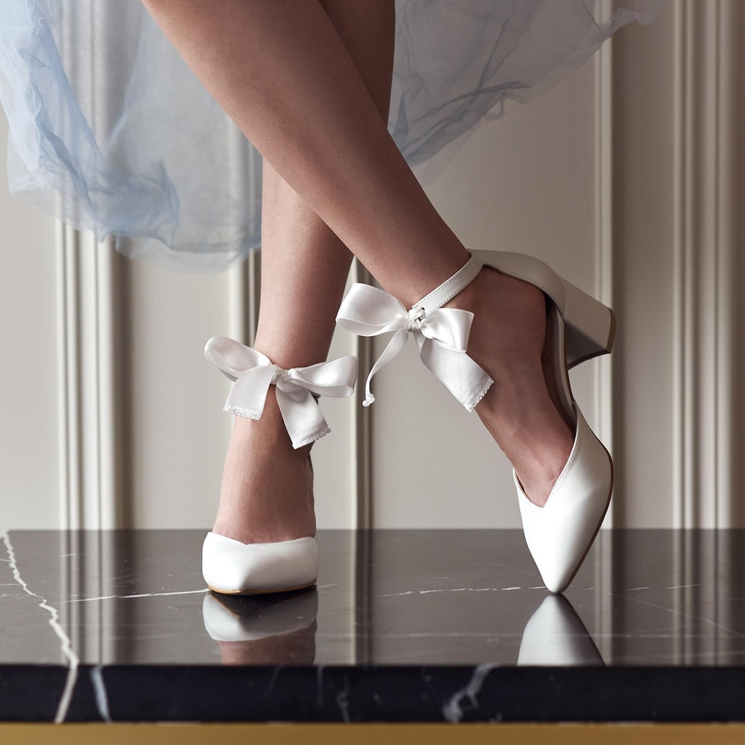 White Wedding Shoes With Low Block Heel and Bow Ankle Straps