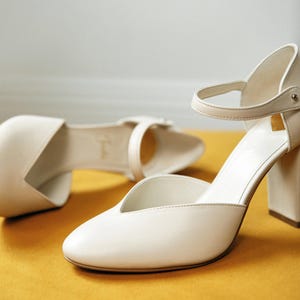 White Wedding Shoes with Block Heels and Almond Toe, Handmade Bridal Pumps with V-notch Vamp, Bridesmaid Classic Sandals with Ankle Strap image 5