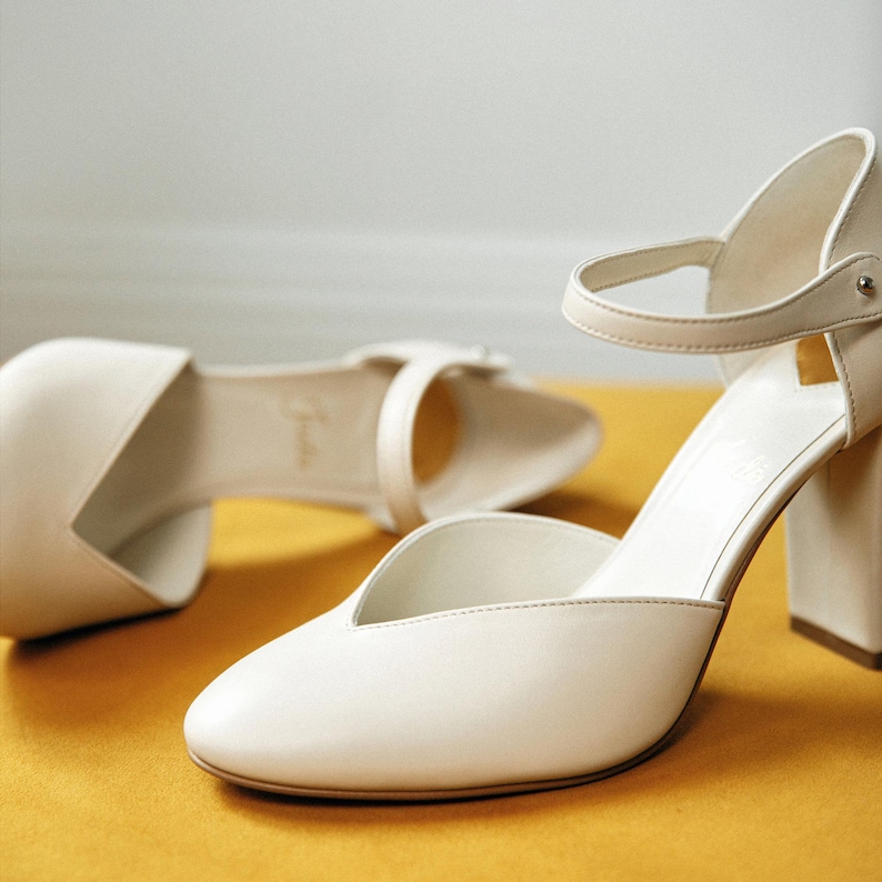 White Wedding Shoes with Block Heels and Almond Toe, Handmade Bridal Pumps with V-notch Vamp, Bridesmaid Classic Sandals with Ankle Strap image 5